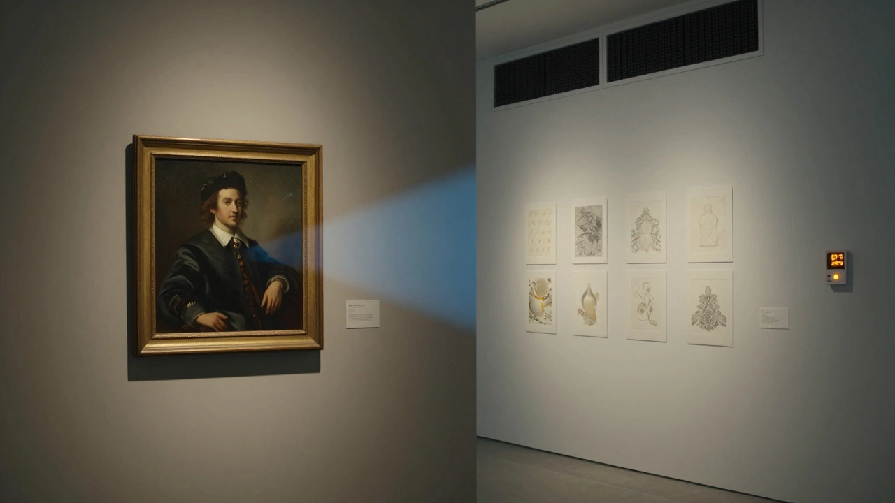 Two climate zones in a gallery: one for oil paintings, one for paper artworks, with environmental monitoring displays.