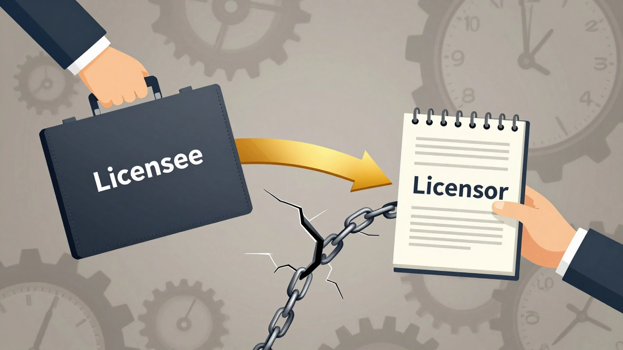 Two hands reaching across a broken contract, with a payment arrow flowing from one to the other.