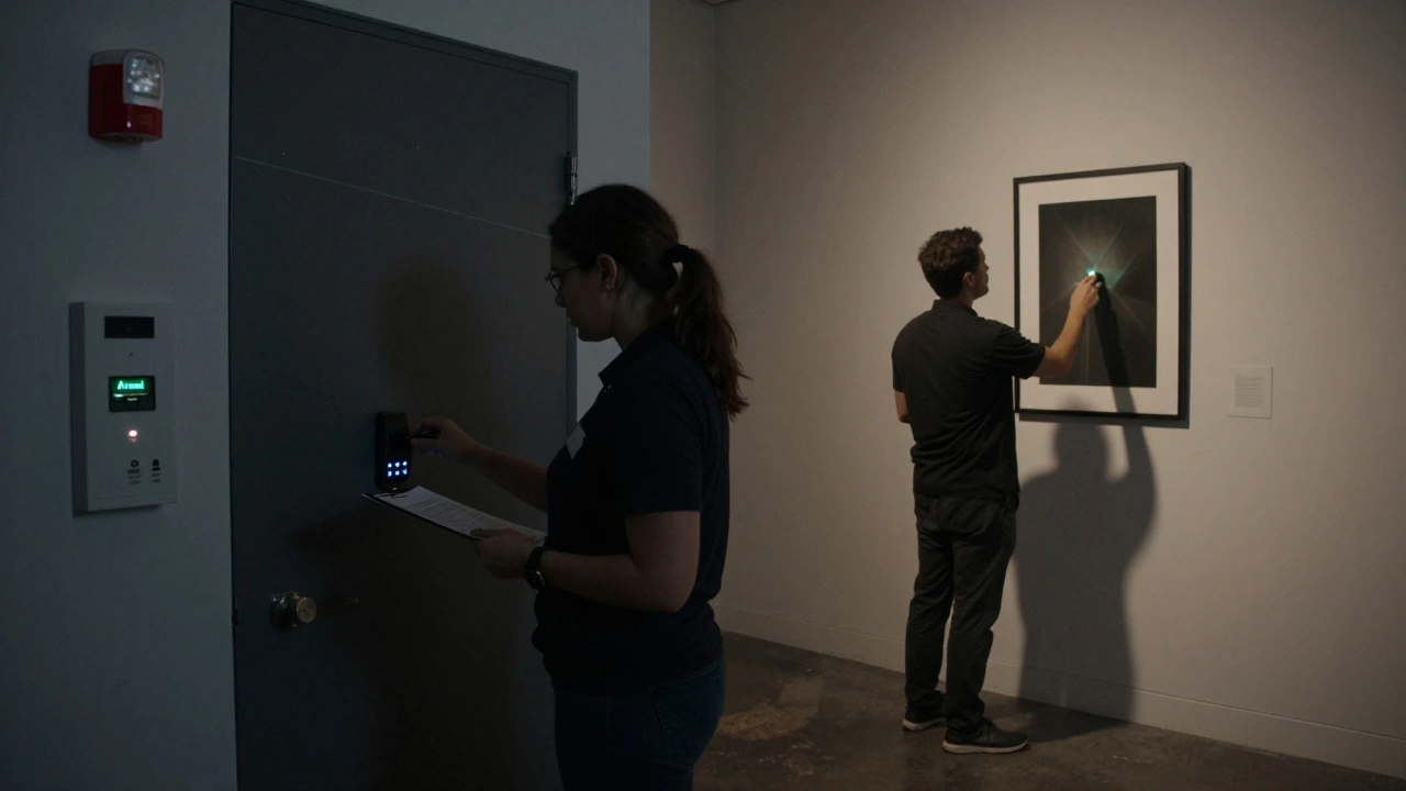 Two staff members verifying locks and artwork alignment during gallery closing, emergency lights glowing in dim room.