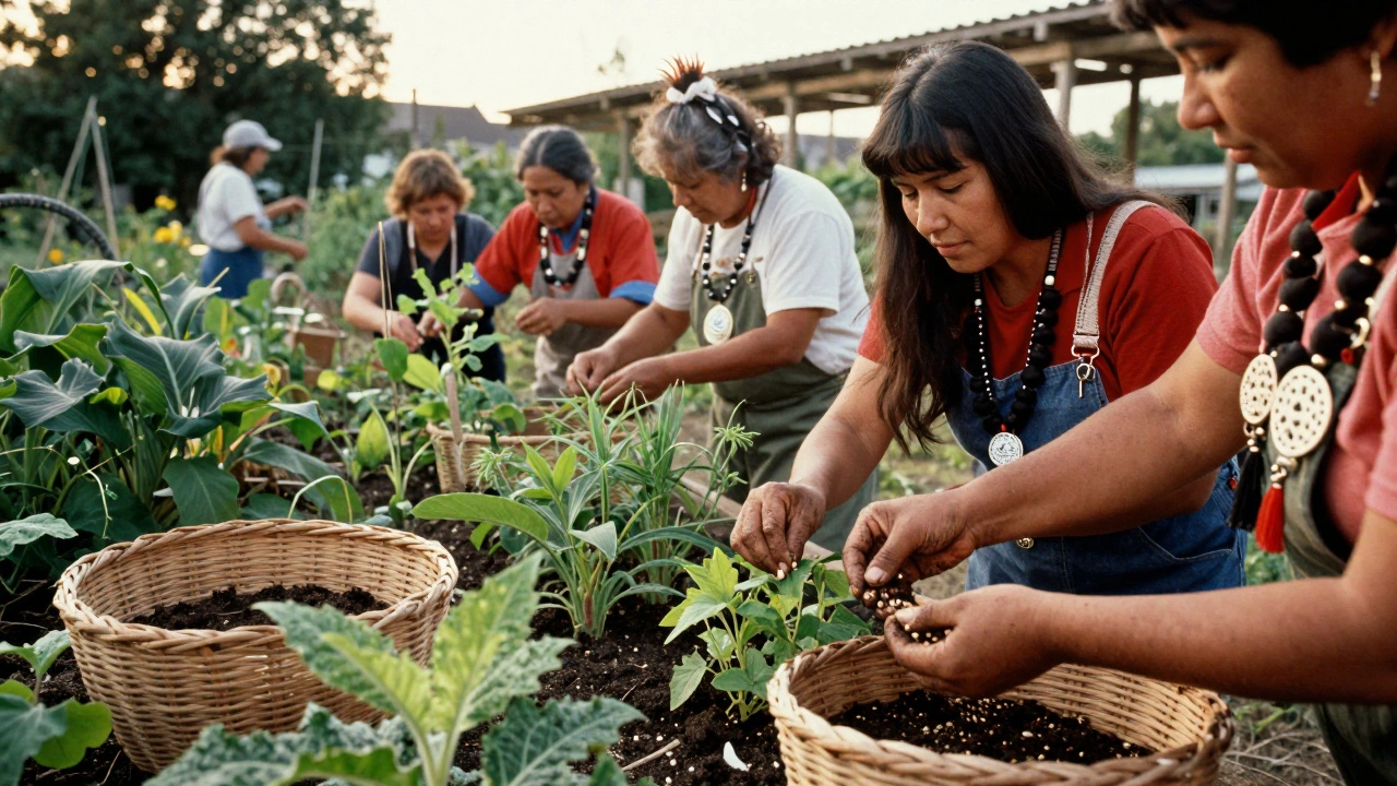 Visitors collect seeds from a community garden at an international art event, surrounded by plants and woven baskets under golden light.