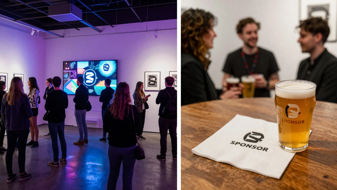 Visitors engaging with sponsored art in a gallery, while the same logo appears on branded beer napkins at a tasting event.