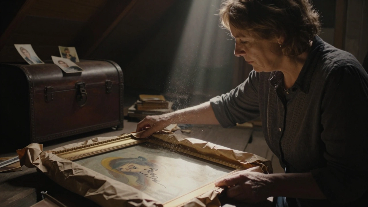 Woman uncovers a hidden signature on an old painting in a dusty attic.