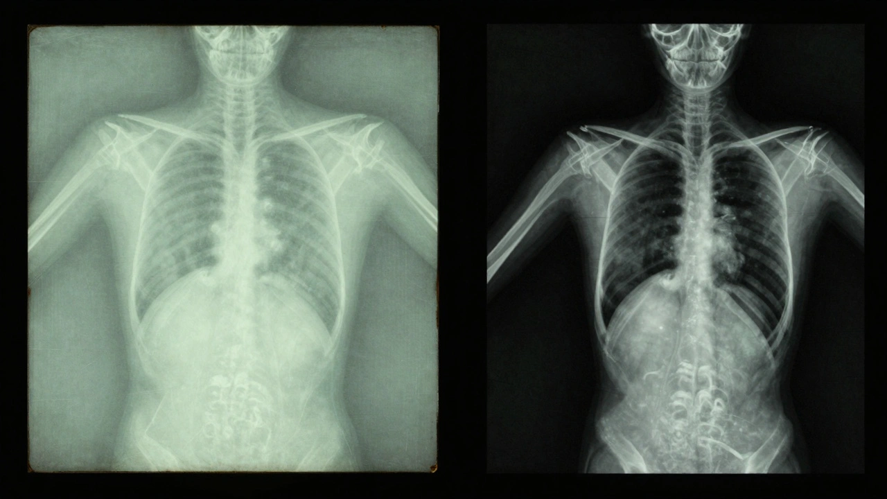X-ray comparison showing no underdrawing in a fake versus hidden revisions in a genuine Caravaggio.