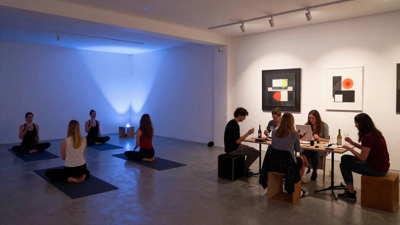 Yoga class and wine-and-paint event taking place in a transformed gallery with integrated art displays and hidden storage.