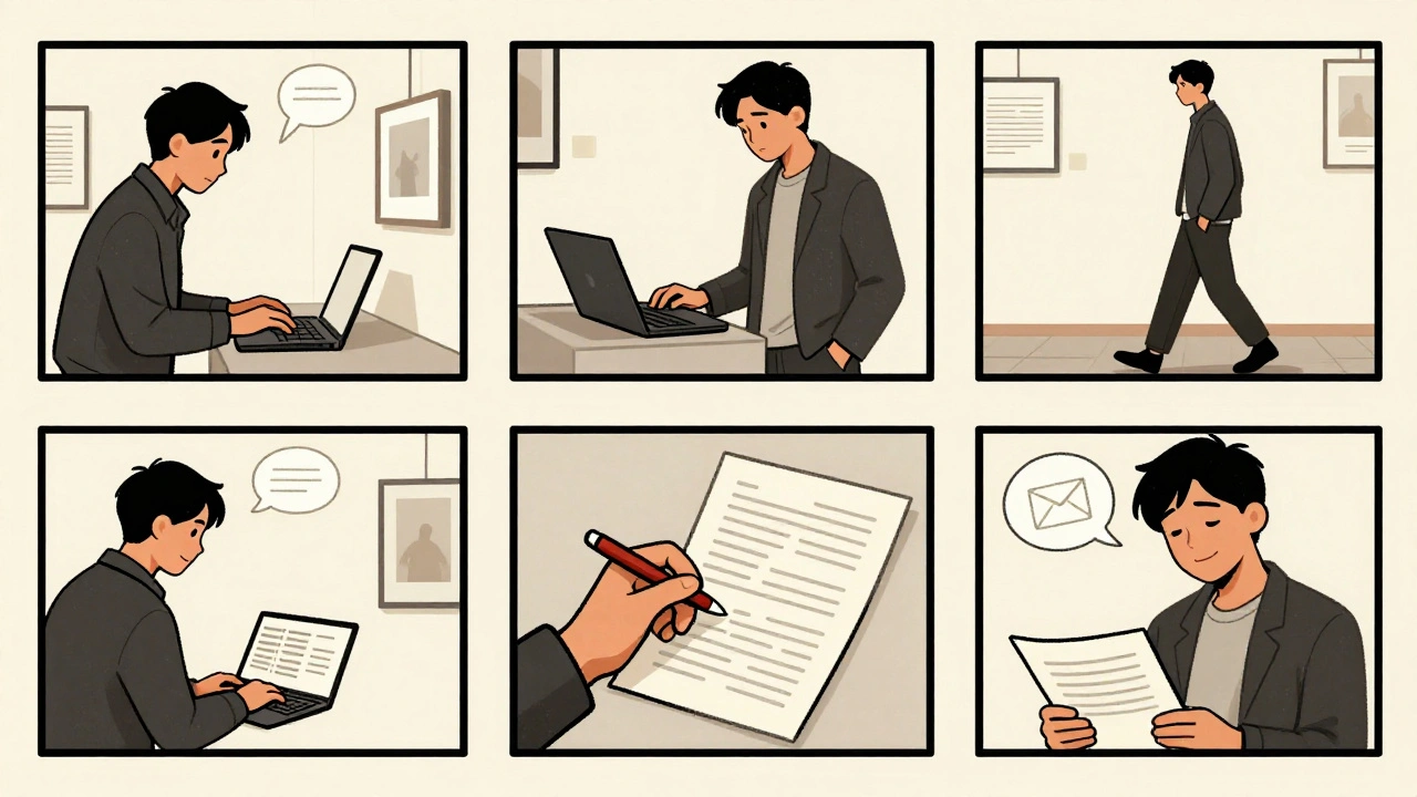 A comic-style timeline showing an art critic's six-day workflow from gallery visit to submission.