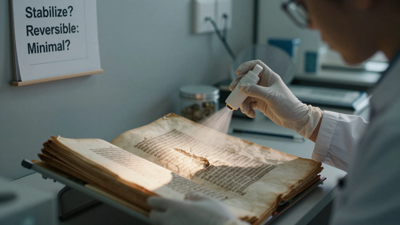 A conservator gently humidifying an ancient manuscript in a quiet lab, sunlight highlighting flaking ink.