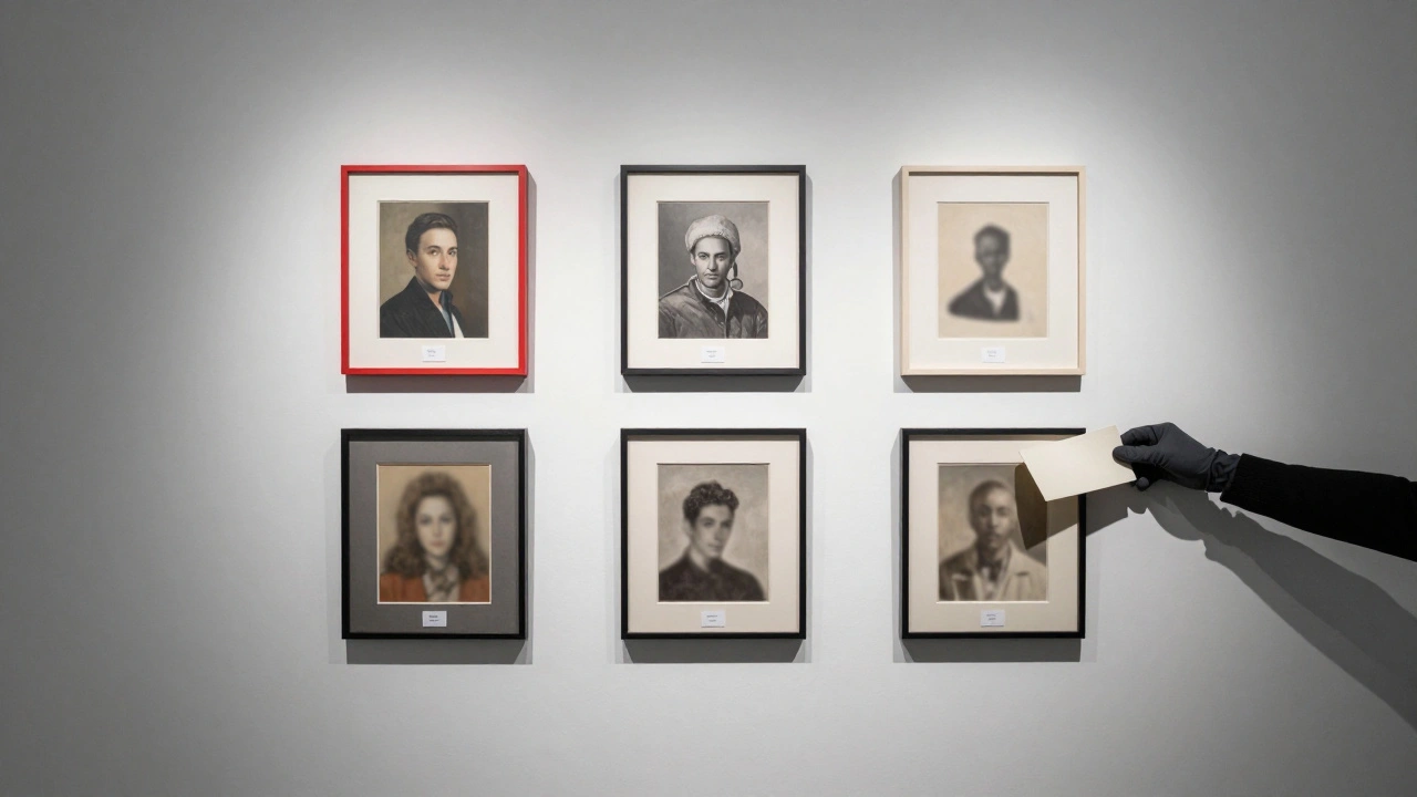 A curated gallery wall with three new artworks being displayed while older pieces are being removed by a gloved hand.