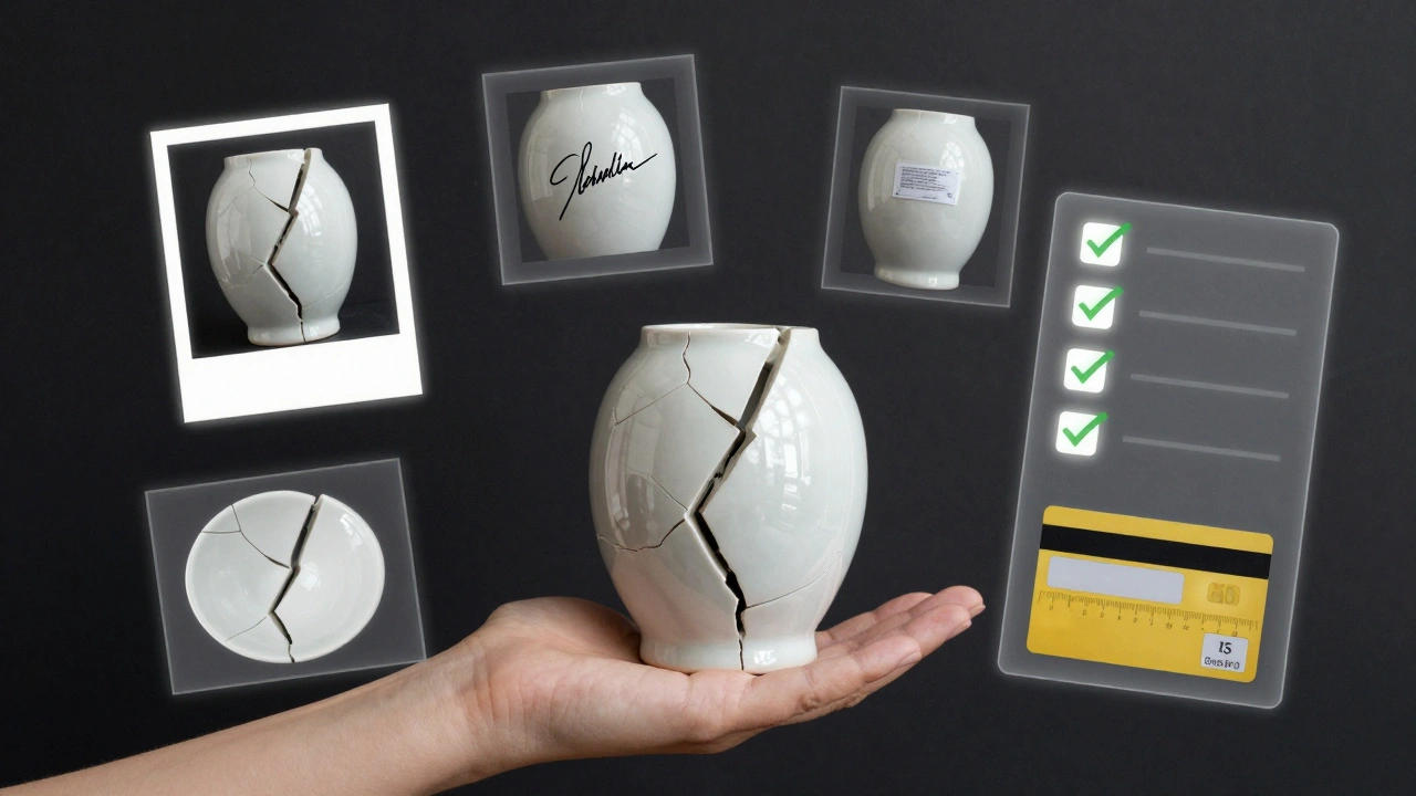 A damaged sculpture surrounded by five essential photo documentation overlays.