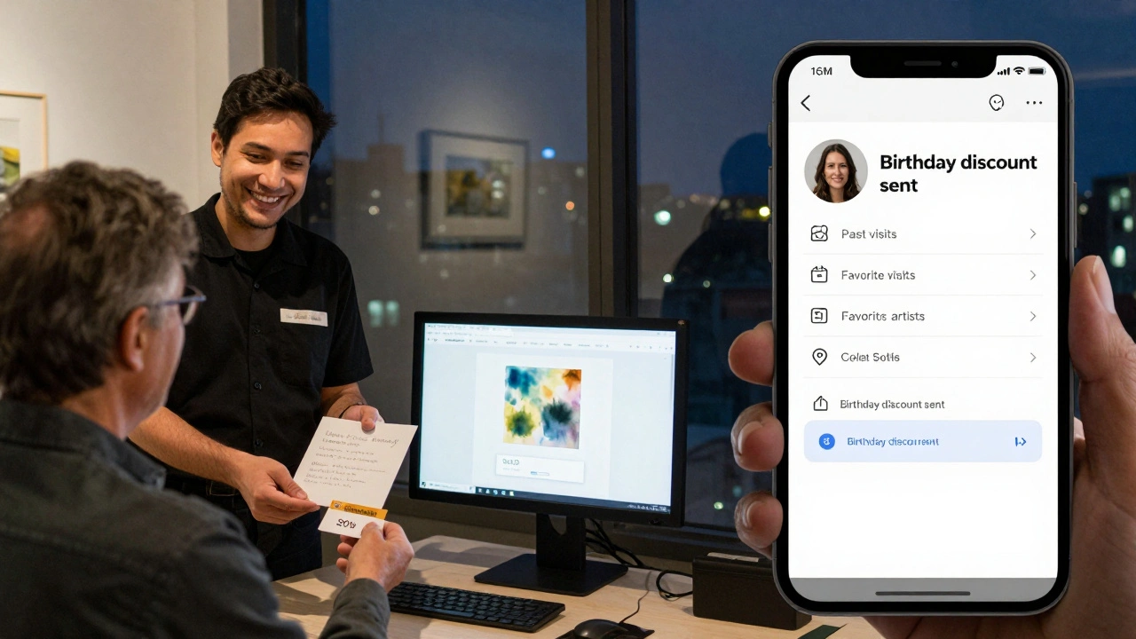 A gallery staff member gives a collector a handwritten note and discount card, while a CRM screen shows their personalized profile and sale confirmation.