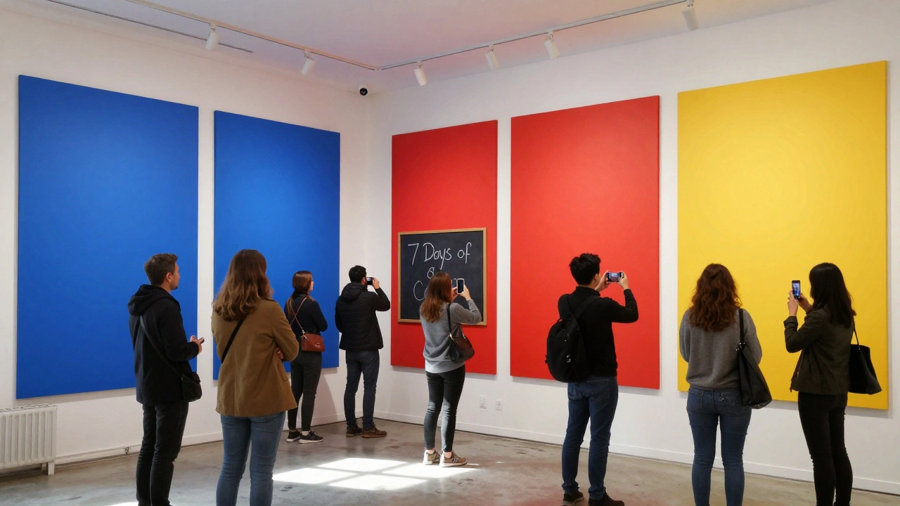 A gallery wall changing color daily, with bold hues and crowds returning to see the evolving artwork.