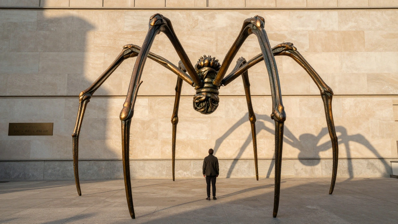 A giant bronze spider sculpture towering over a small figure standing below in a museum plaza.
