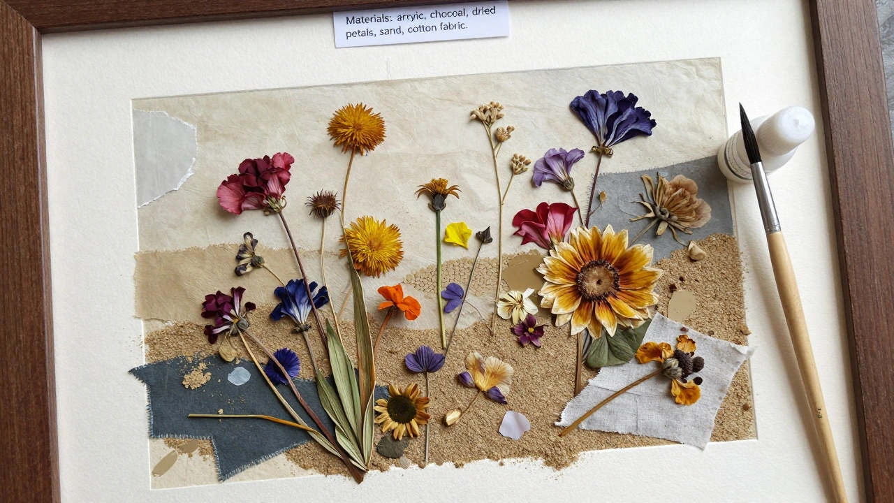 A mixed-media artwork on paper featuring dried flowers, sand, and fabric with adhesive vial nearby.