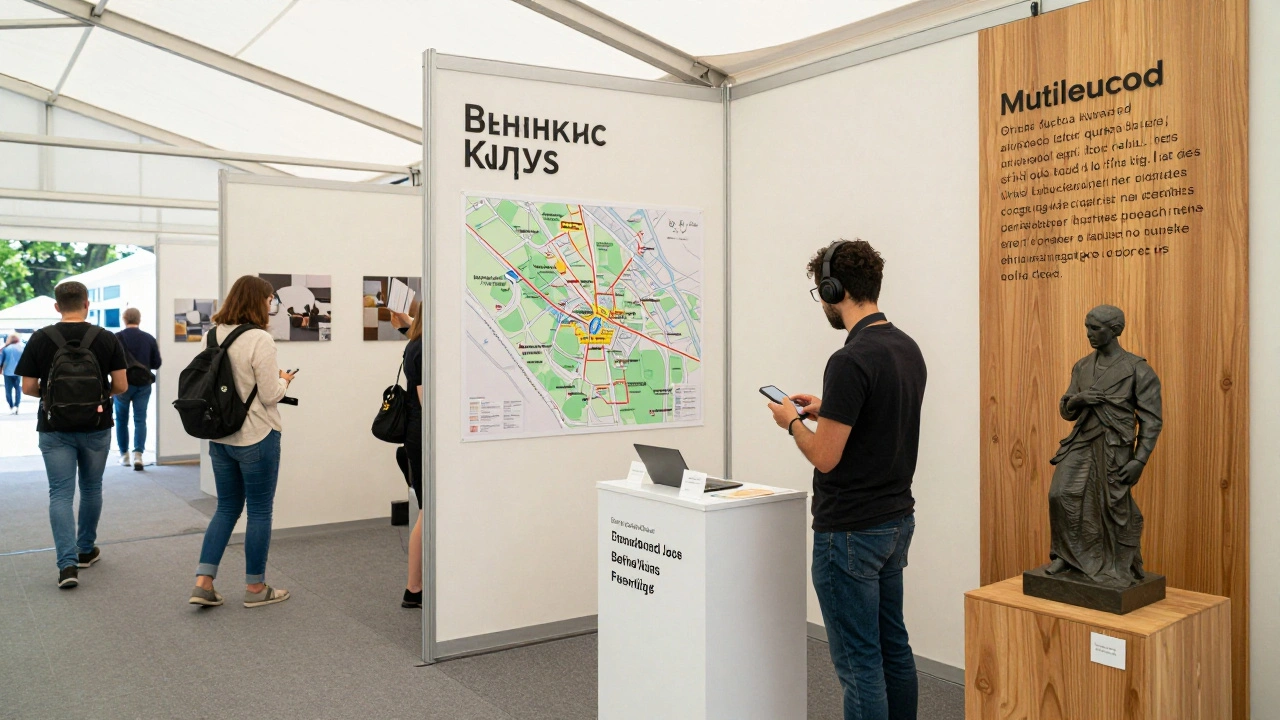 A multilingual info booth with clear signage and headphones for sensory accessibility.