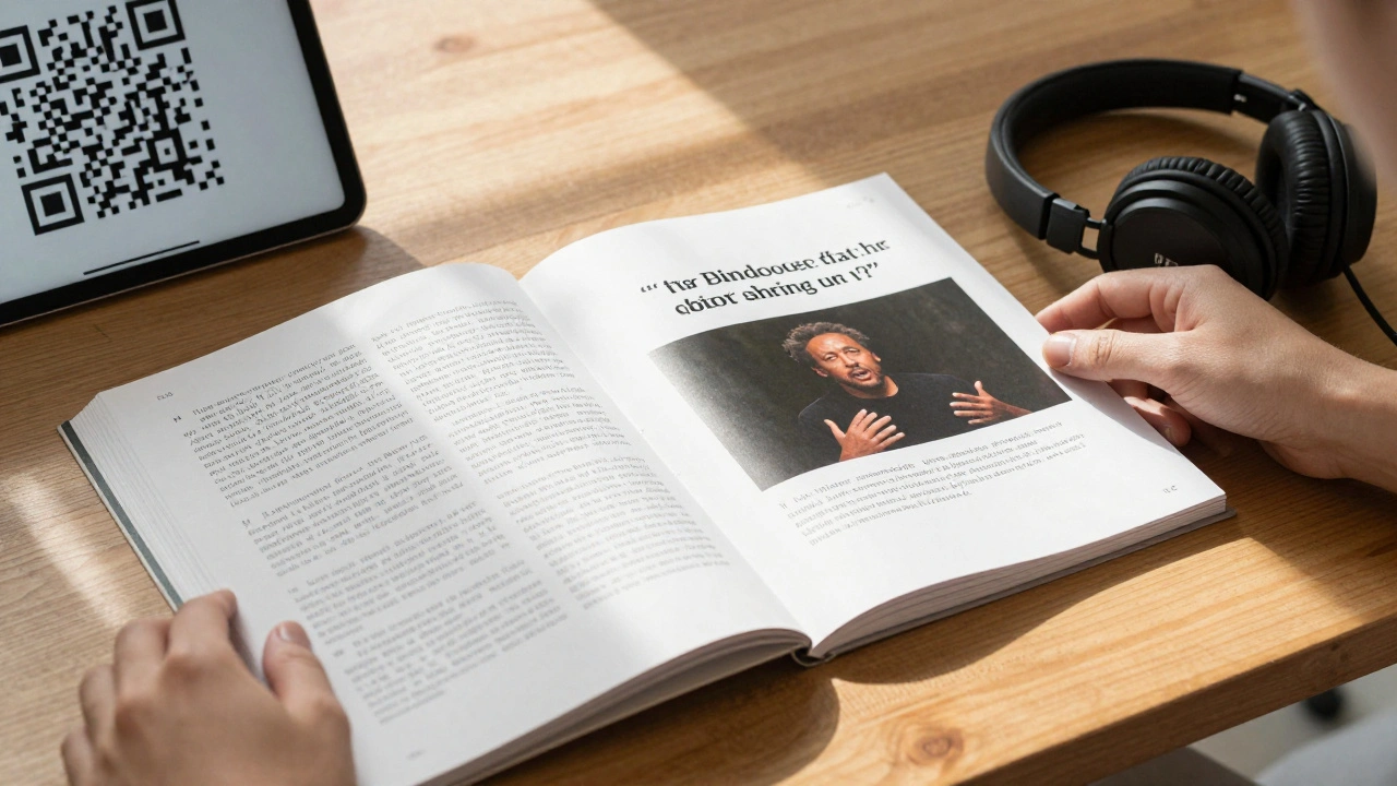 A museum catalog with multiple accessibility formats: large print, audio headphones, and a QR code on a table.