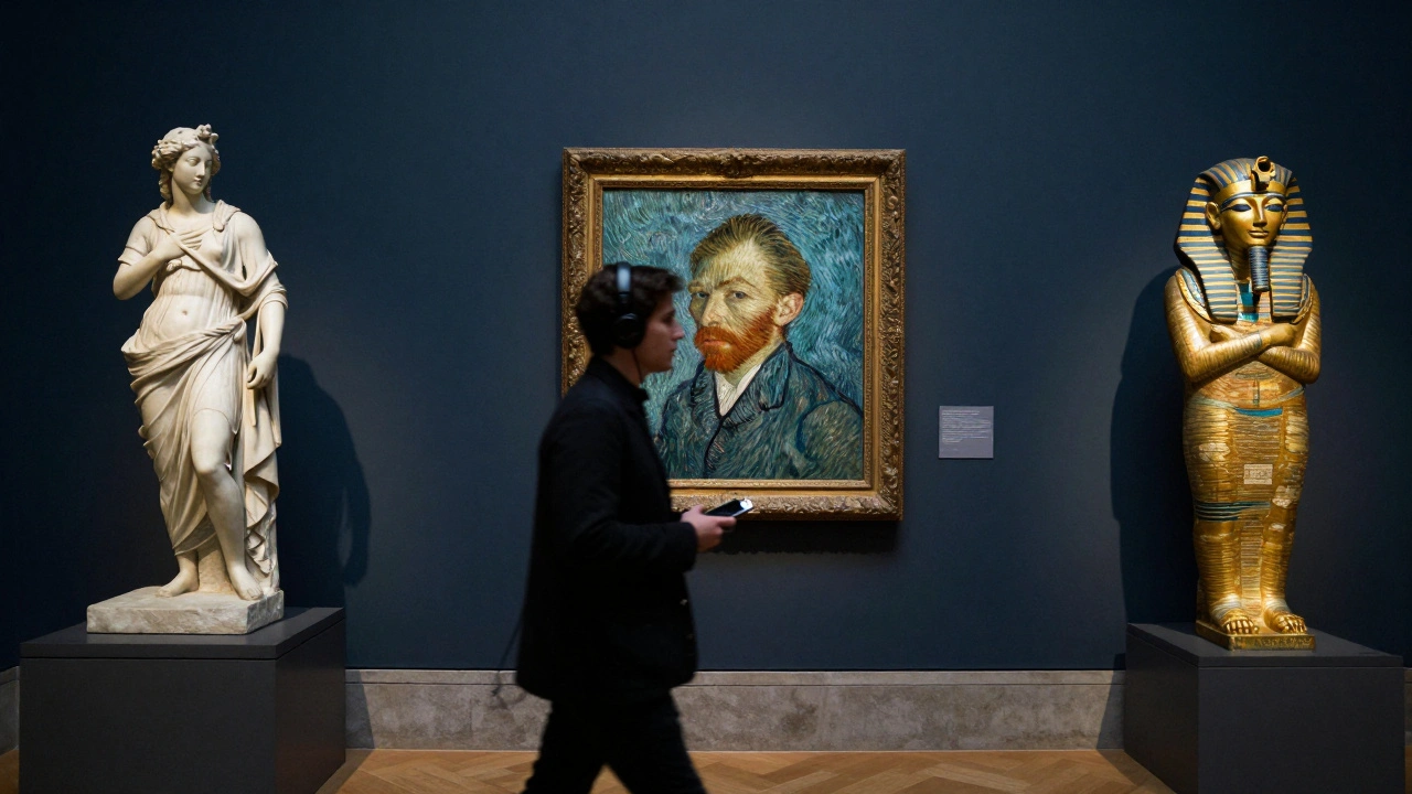 A person walking quickly past iconic artworks while listening to an audio guide.
