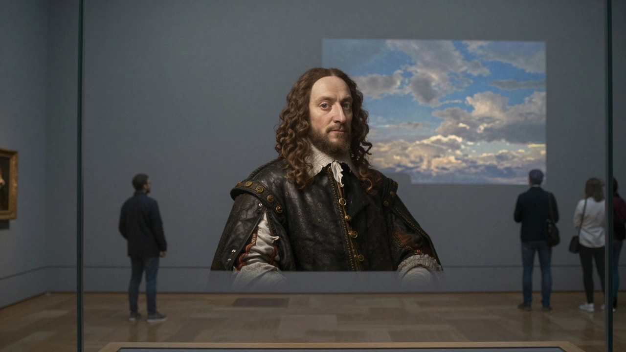A Renaissance portrait with faded background and translucent digital overlay showing reconstructed sky.