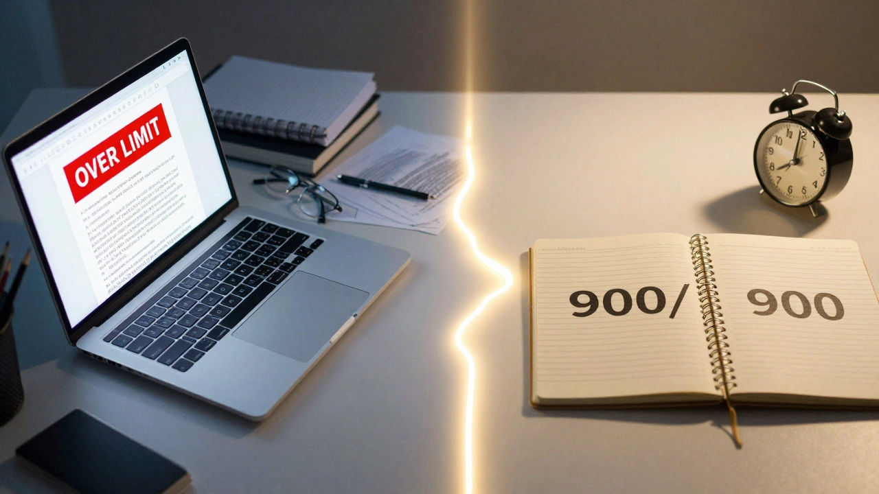 A split scene contrasting chaotic overwriting with disciplined, precise criticism under a strict word count.