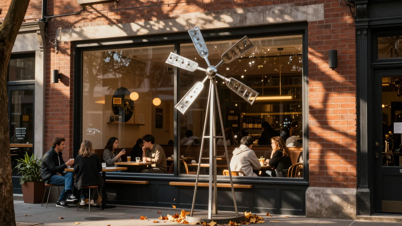 A steel wind sculpture spinning outside a café window, with customers glancing out, bathed in warm evening light.