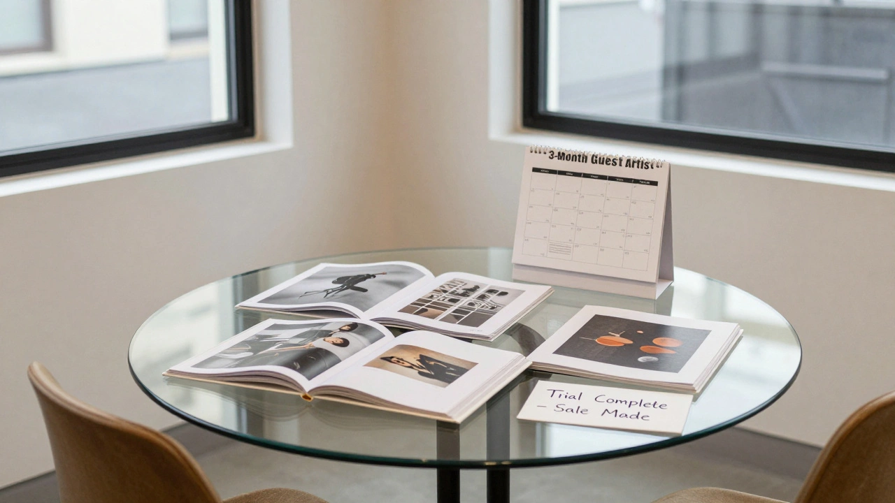 A transparent table with artist portfolios and a '3-Month Guest Artist' calendar, in a sunlit gallery back room.
