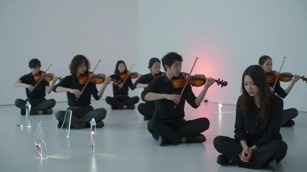 A violinist performs repetitively in a glass sculpture room as a visitor weeps, bathed in soft light.