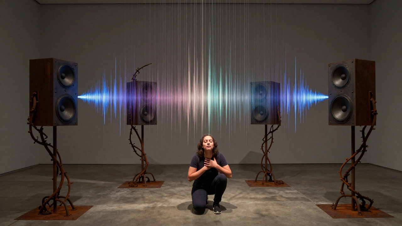 A visitor experiences an interactive sound sculpture with hidden speakers emitting shifting frequencies.