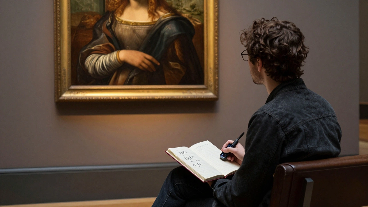A visitor taking handwritten notes beside a painting while the audio guide is paused.