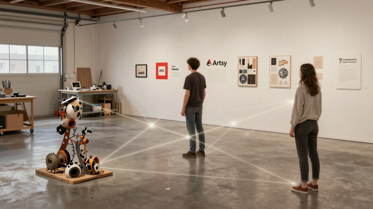 A web of connections links emerging artists across the U.S., symbolized by tools and institutional recognition without faces.