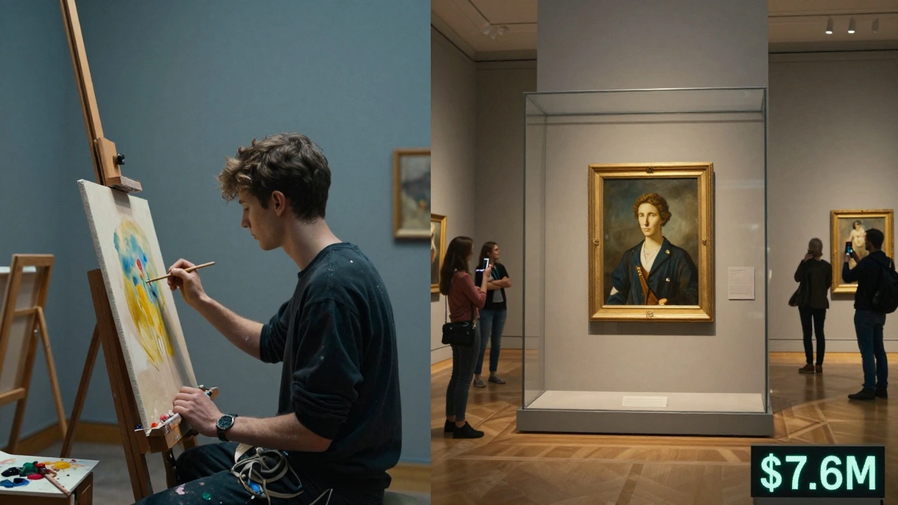 A young artist's studio transforms into a museum display, symbolizing how overlooked work can become a million-dollar masterpiece over time.