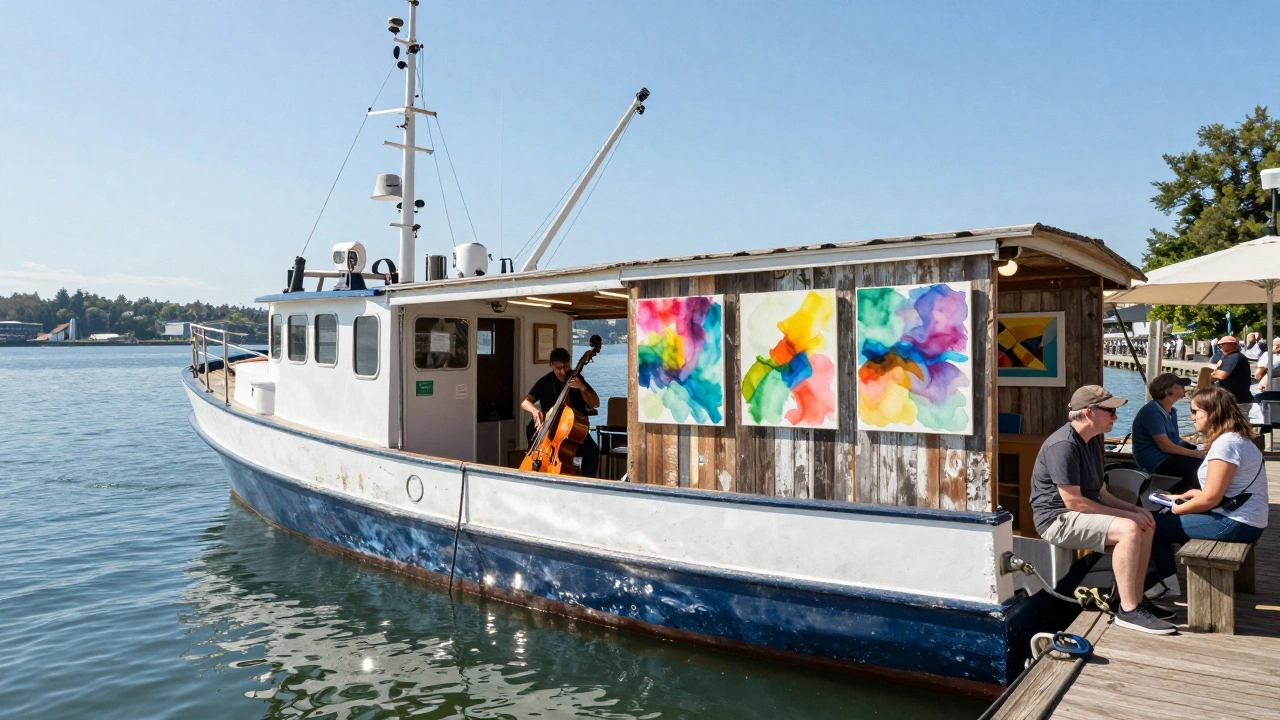 An art exhibit on a floating boat along a sunny waterfront, people enjoying jazz and watercolor paintings.