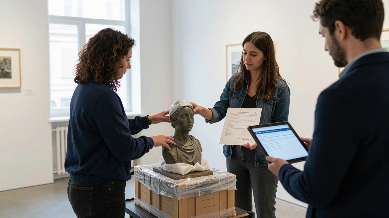 An artist receiving back their sculpture during a final gallery handover, witnessed by a manager and notary.