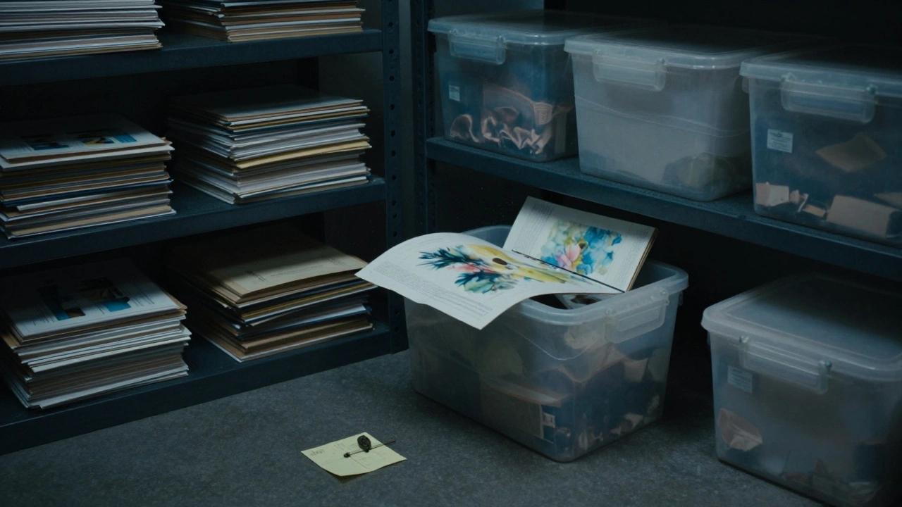 Archival portfolios and sealed storage bins in a dark, pest-monitored room with no natural light.