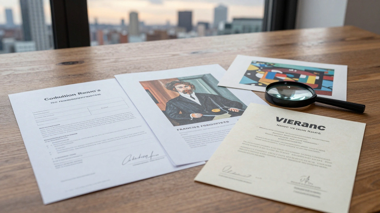 Art investment documents including auction records and certification lie on a wooden table, with a small emerging artist's print nearby.