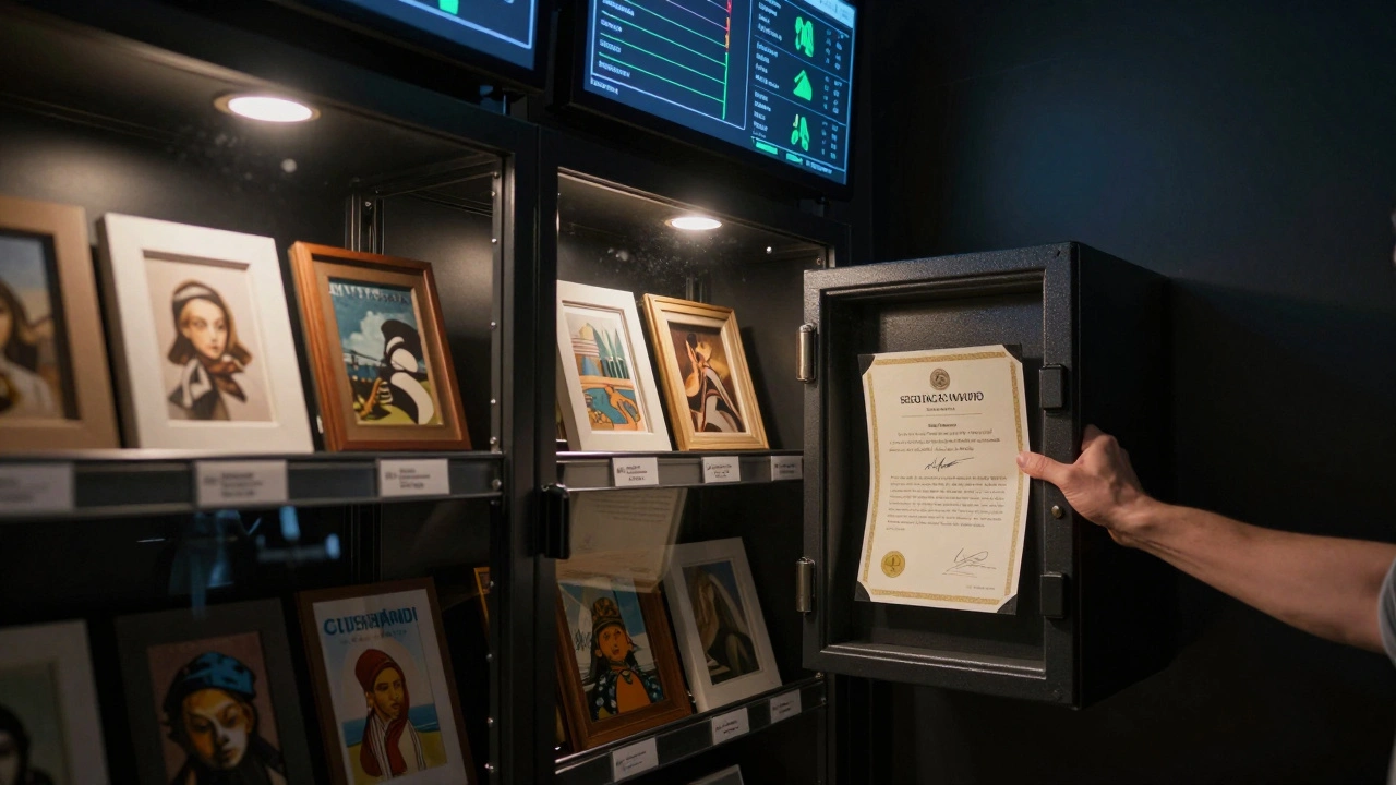 Art pieces stored in a secure vault with UV glass and environmental monitoring dashboard.