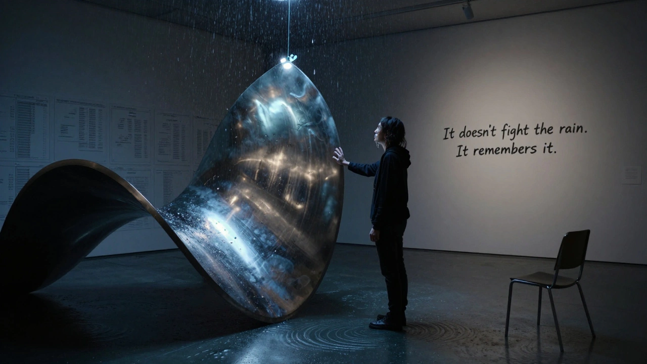 Artist moved by a weather-data sculpture under UV light, rain projections on the floor, tears in her eyes.