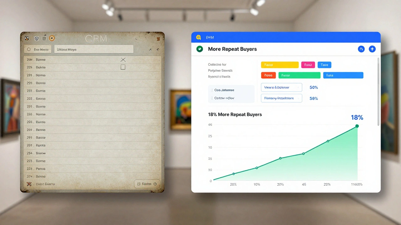 Before and after view of a CRM: chaotic data transforming into organized, enriched profiles.