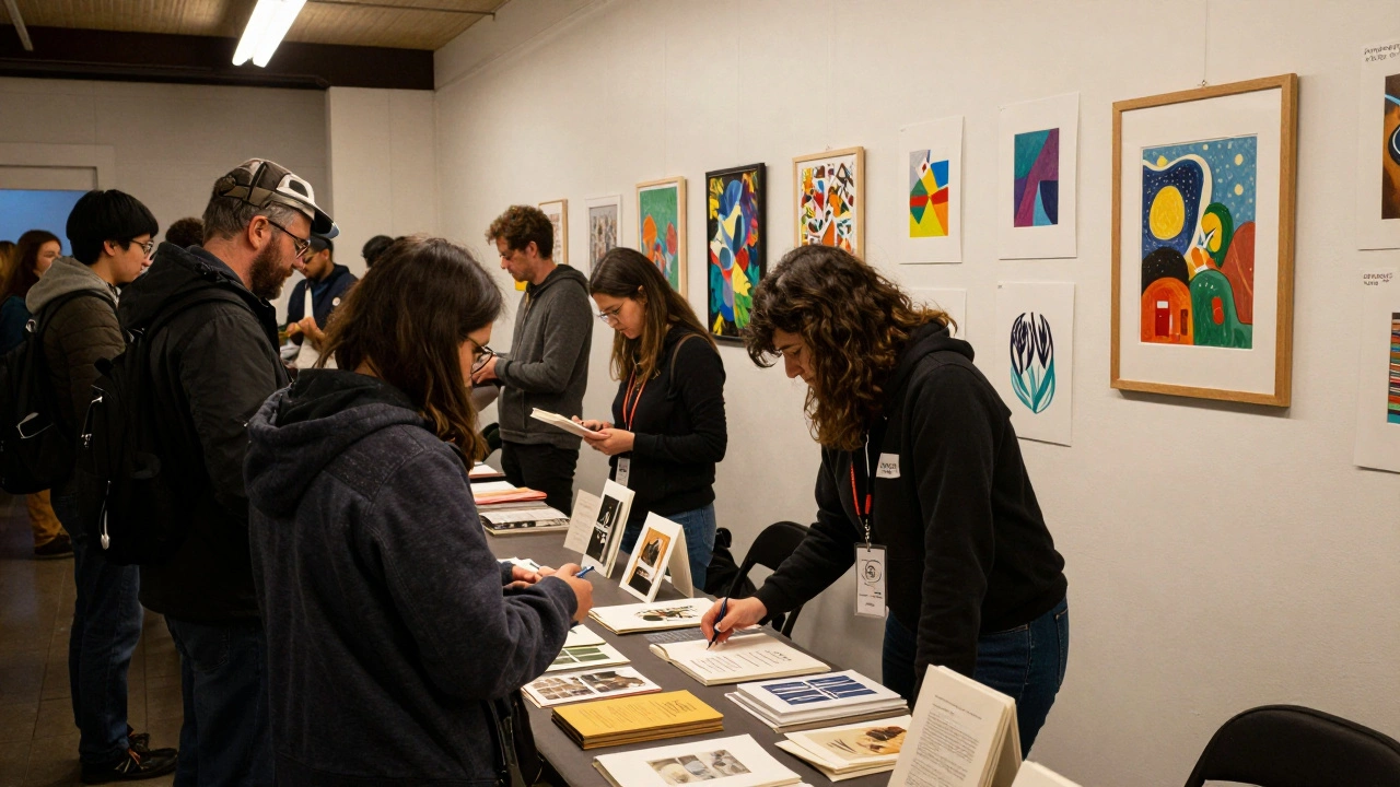 Collectors browse small artworks and handmade artist books at a local community art fair with no gallery branding.