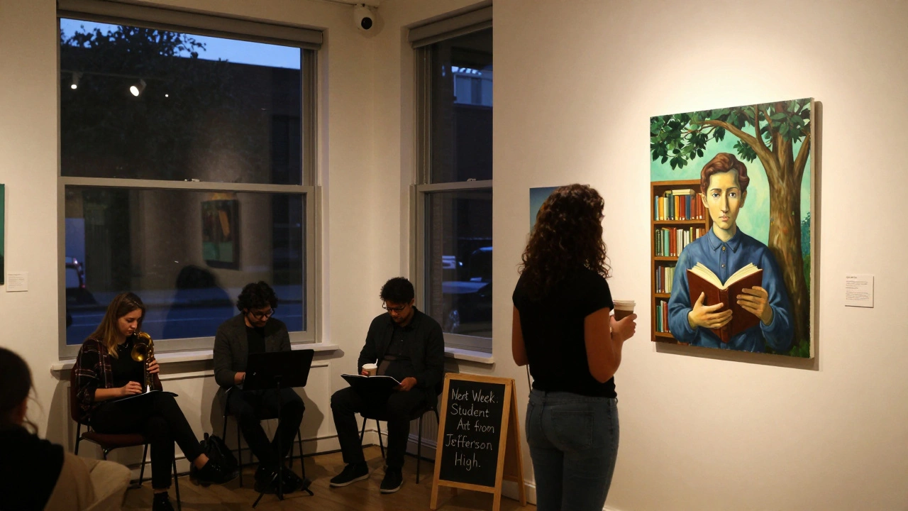 Evening at a neighborhood gallery with live jazz, free coffee, and a solo show by a young local artist.
