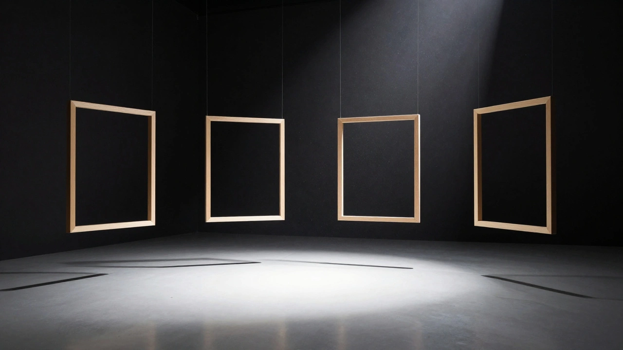 Four empty picture frames in a dark room, a single beam of light highlighting floating dust.