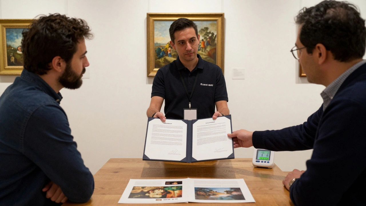 Gallery staff and collector exchanging a signed loan agreement with condition report and climate monitor visible.