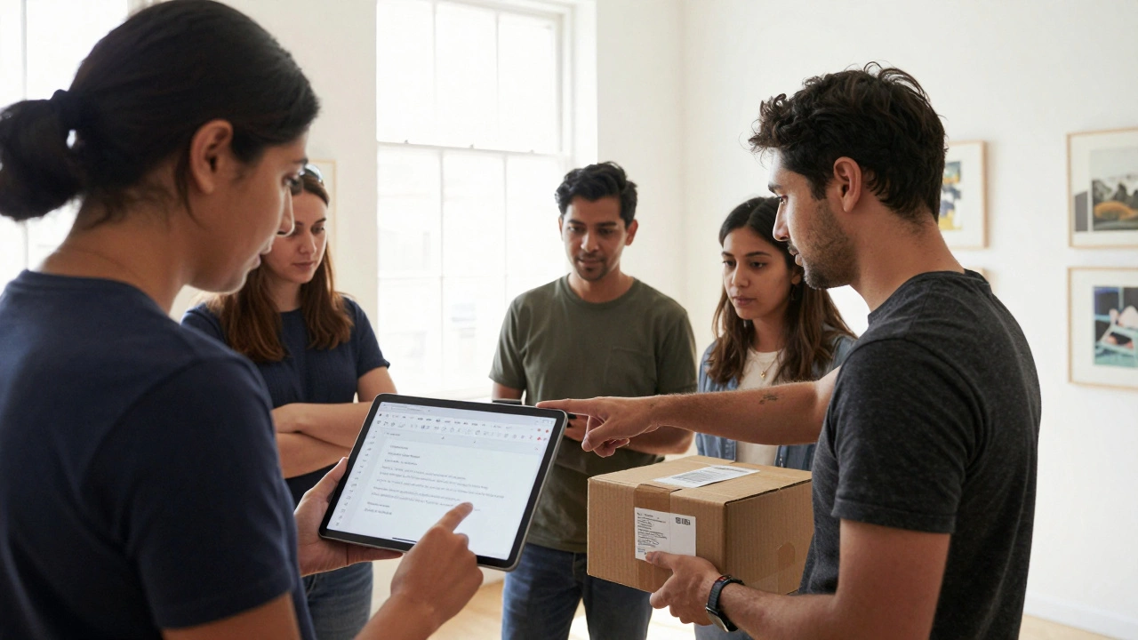 Gallery staff reviewing a digital SOP on a tablet during artwork reception, collaborative and focused environment.