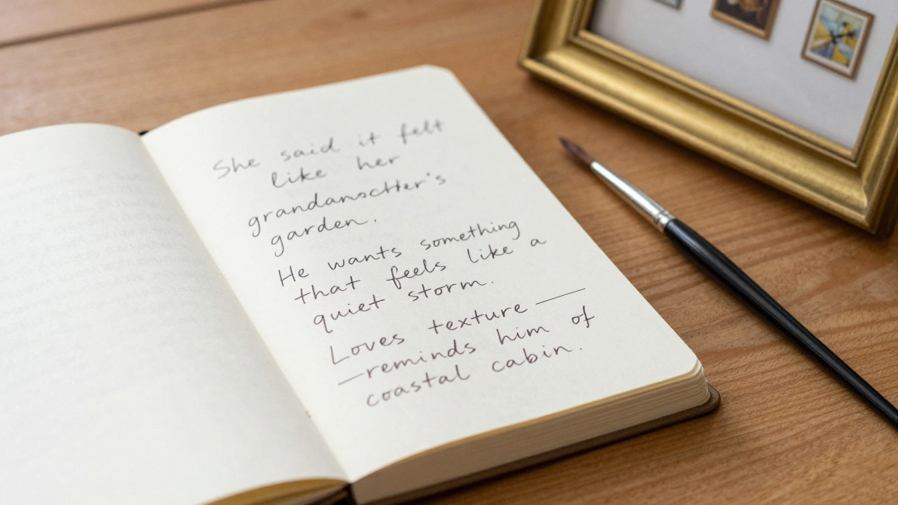 Handwritten notes on a desk capturing personal collector stories, beside a paintbrush and gallery reflection.