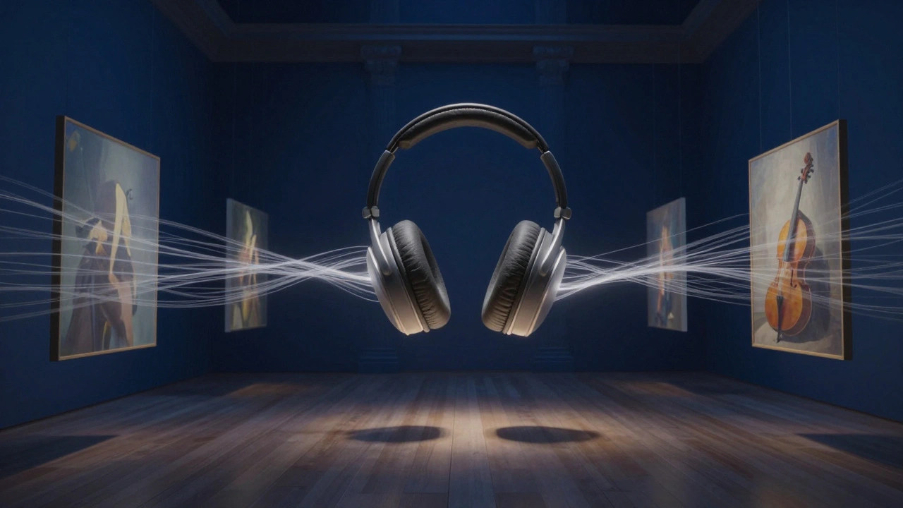 Headphones emit glowing threads of sound that interact with floating artworks in a silent, dreamlike gallery.