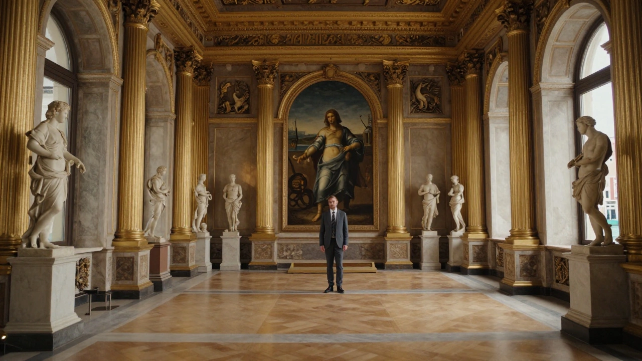 Italian Pavilion filled with gilded classical sculptures under soft light, empty and pristine.