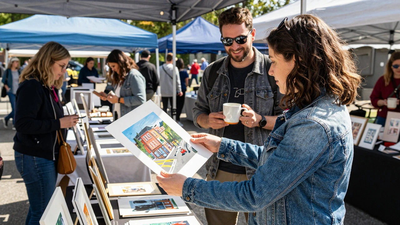 Locals browsing affordable art at a vibrant Portland Art Fair, choosing handcrafted pieces under 0.