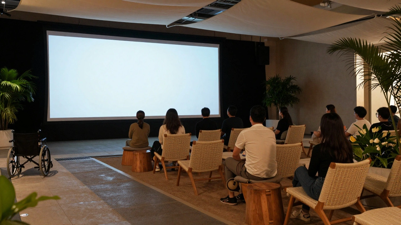 People sitting on comfortable wooden benches beside a glowing video installation.
