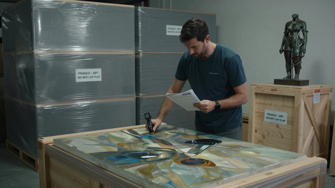 Professional art handler packing a painting in a climate-controlled warehouse with labeled crates and UV-shrink wrap.