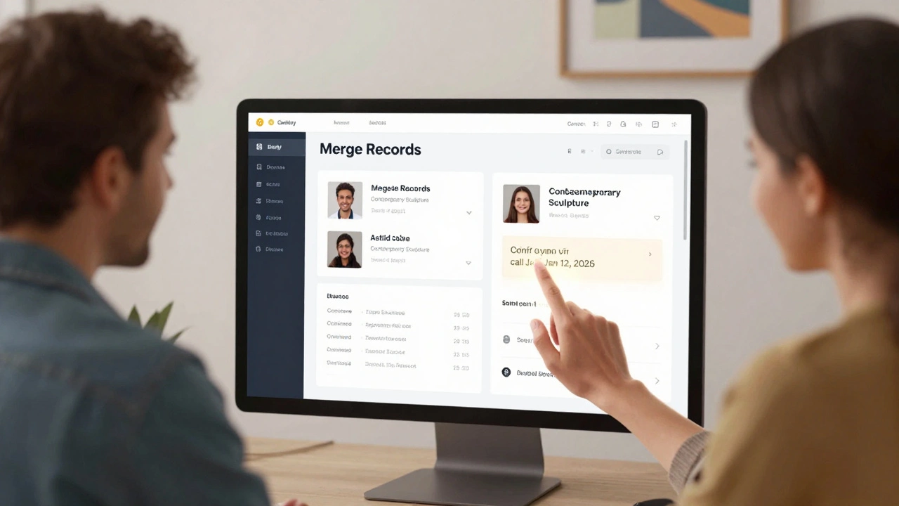 Sales associate merging client records in a clean CRM with enriched data tags.