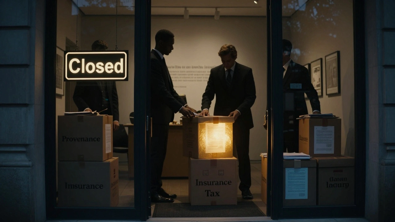 Shadowy figures packing legal documents in a closed gallery at dusk, with one glowing box.