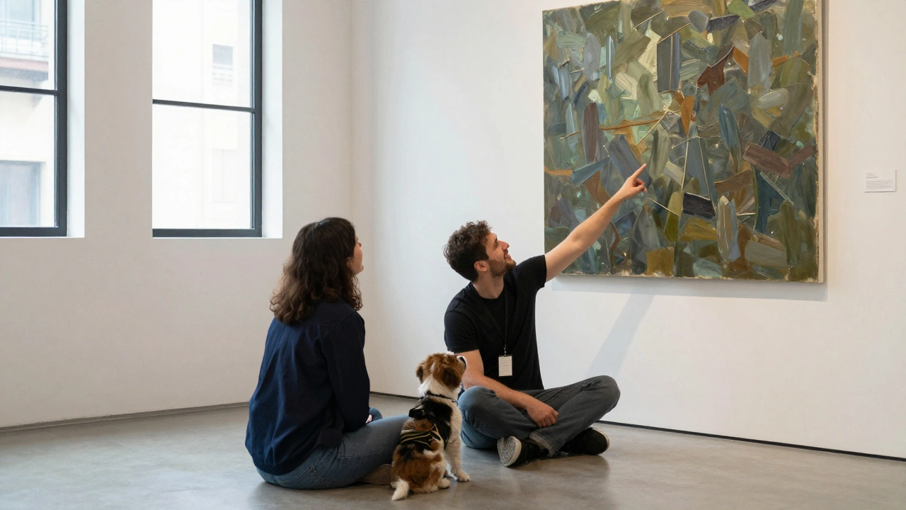 Staff member sitting on the floor with a visitor and their dog, sharing a quiet moment before an artwork.