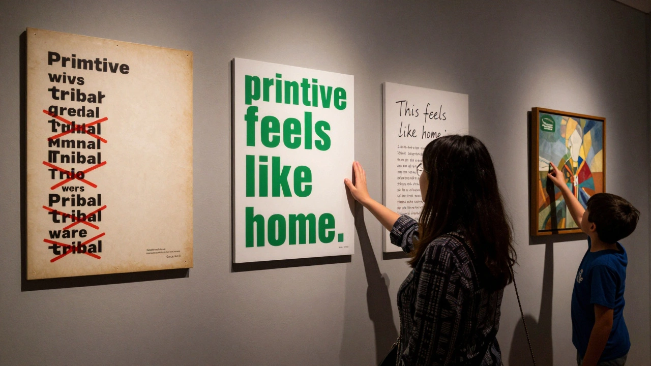 Three versions of an exhibition label side by side, showing revision from harmful to respectful language with a community note.